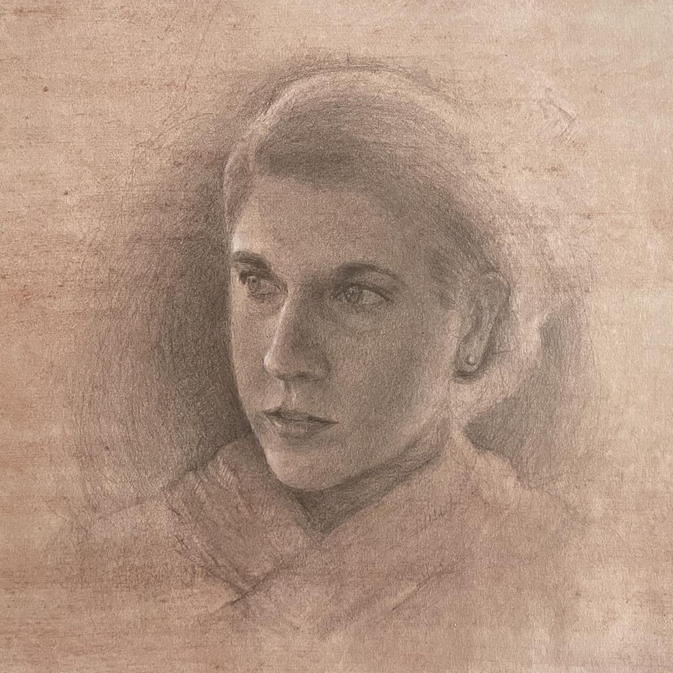 Stylistic but realistic and delicate portrait drawing of a young woman in graphite pencil.