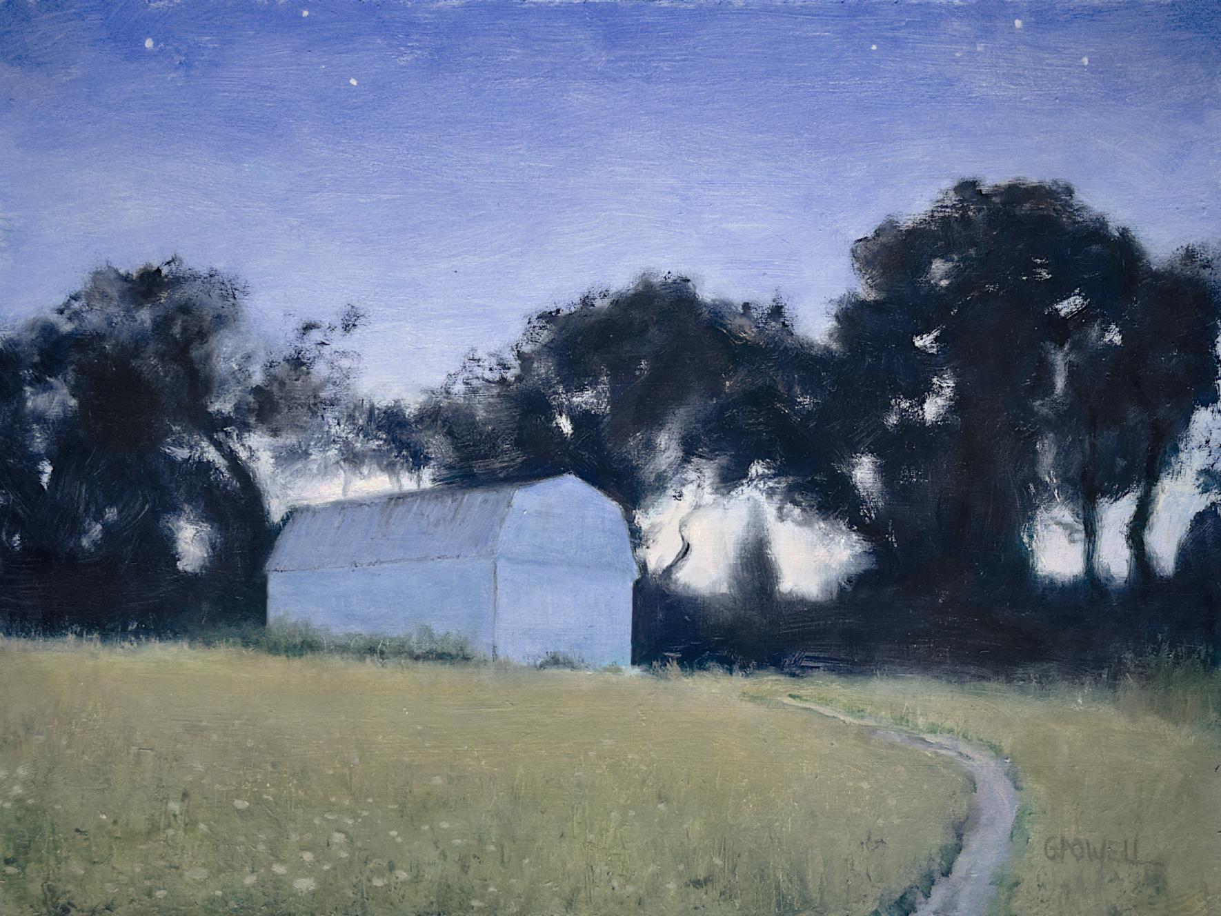 Landscape painting of a white barn at dusk in the summer. A foot path leads to the barn. The sky is a deep indigo blue and the grass in the foreground almost glows in the fading light.