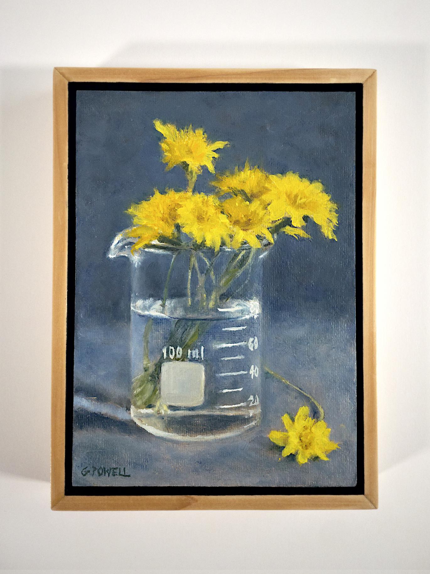 A small original oil painting - a still life of a close up of dandelions in a beaker. Painted with loose, expressive brushwork.