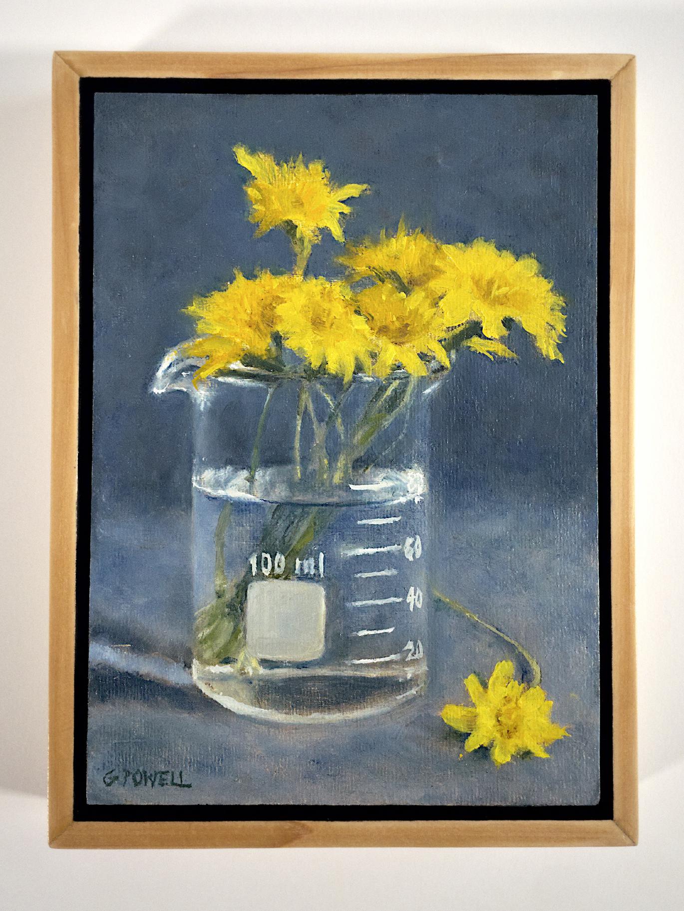 A small original oil painting - a still life of a close up of dandelions in a beaker. Painted with loose, expressive brushwork.