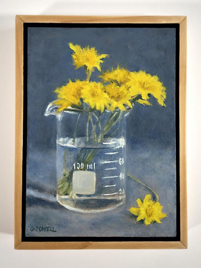 A small original oil painting - a still life of a close up of dandelions in a beaker. Painted with loose, expressive brushwork.