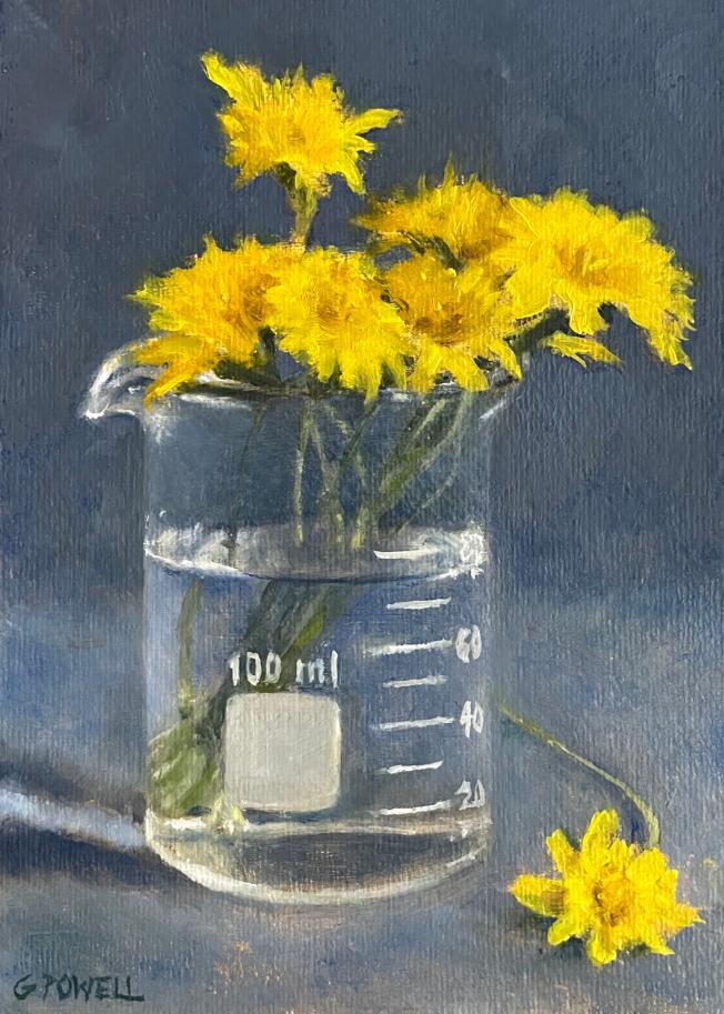 A small original oil painting - a still life of dandelions in a beaker. Painted with loose, expressive brushwork.