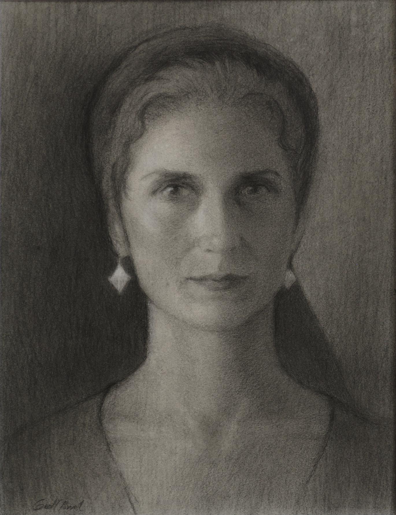 Dark portrait drawing in graphite of a young woman in a classical pose and head scarf, looking at the viewer, inspired by classic Dutch paintings.