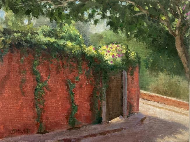 Bougainvillea climbs a red garden wall, in the shade of a tree and backlit by the sun.