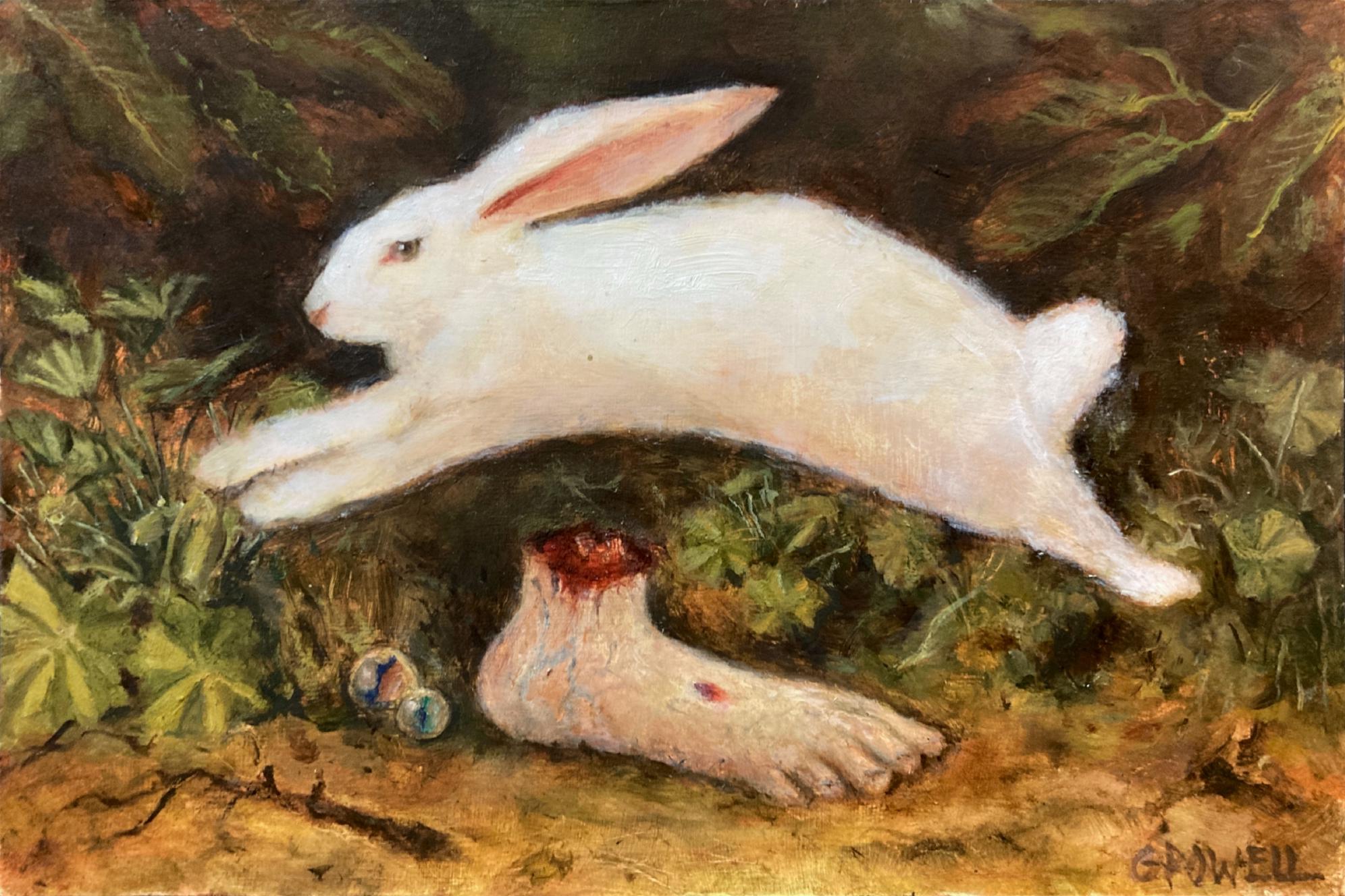 A small oil painting of a white rabbit jumping over a severed human foot in a wooded forest area. The color palette consists of earthy greens, browns and oranges.
