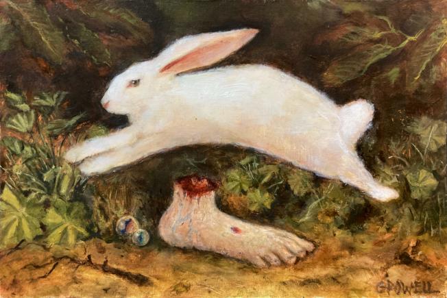 A small oil painting of a white rabbit jumping over a severed human foot in a wooded forest area. The color palette consists of earthy greens, browns and oranges.