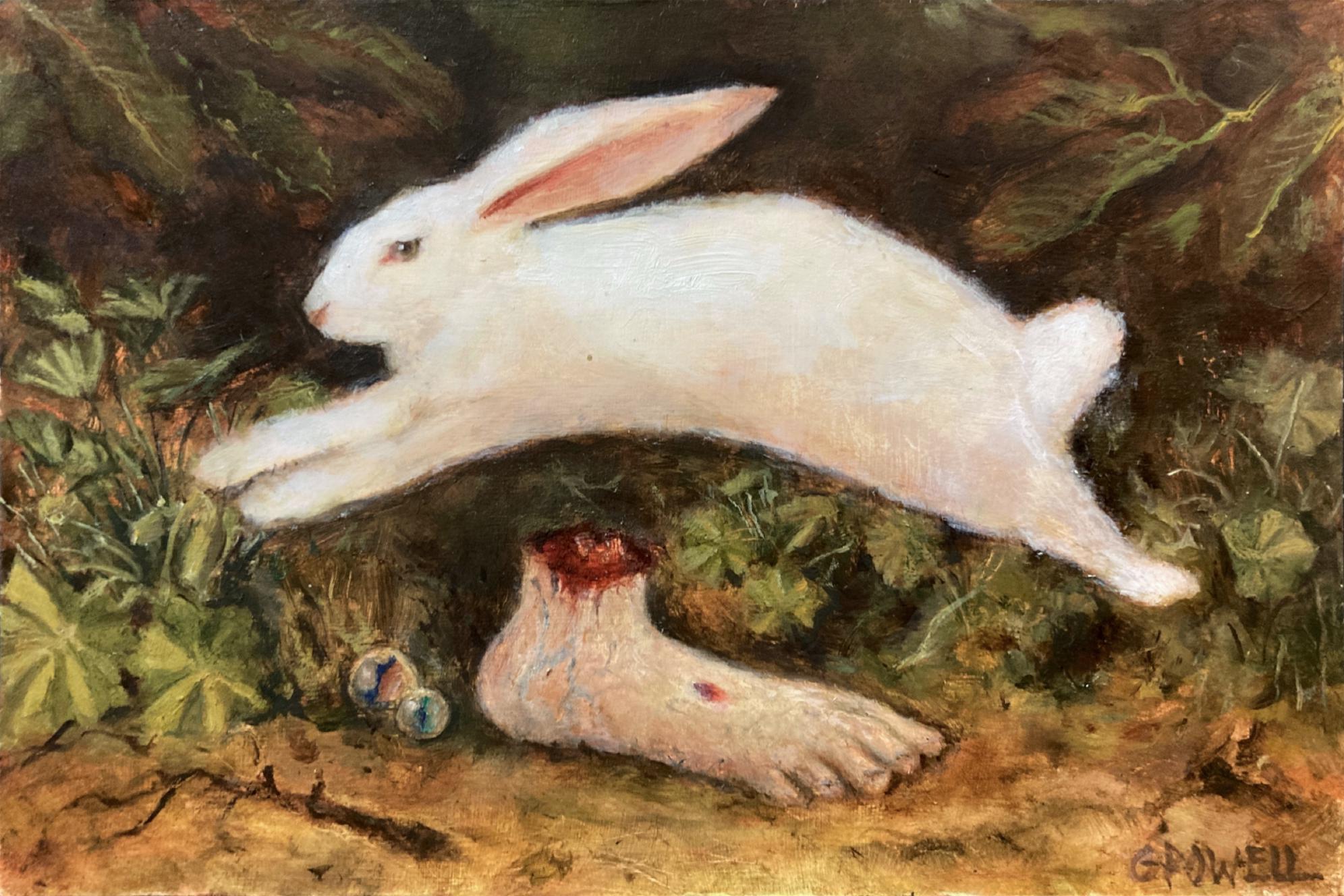 A small oil painting of a white rabbit jumping over a severed human foot in a wooded forest area. The color palette consists of earthy greens, browns and oranges.