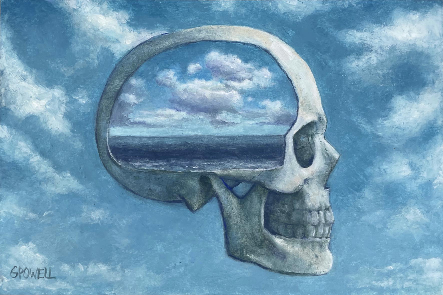 Small oil painting of an ocean inside a skull which is floating in the sky. Style is tightly rendered and surreal, inspired by Magritte.