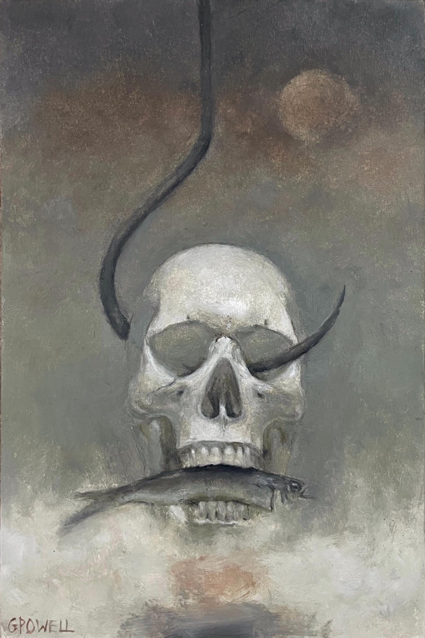 Oil painting of a skull suspended in the ether by a giant fish hook. The skull is biting a fish. The background is misty and atmospheric, with sickly muted greens, blacks and reds. An ethereal moon or planet is visible in the sky.
