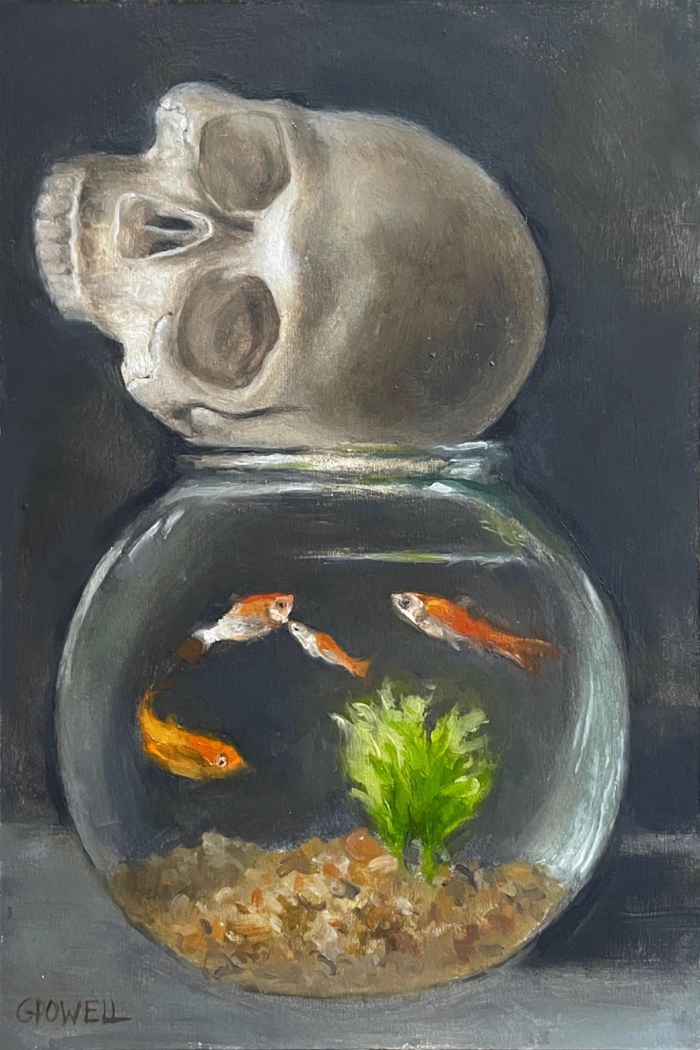 Small oil painting of a skull sitting sideways on top of a bowl of goldfish, as if its listening to what the fish have to say. The color palette is neutral and dark except for the 4 orange fish and a green plant in the bowl.