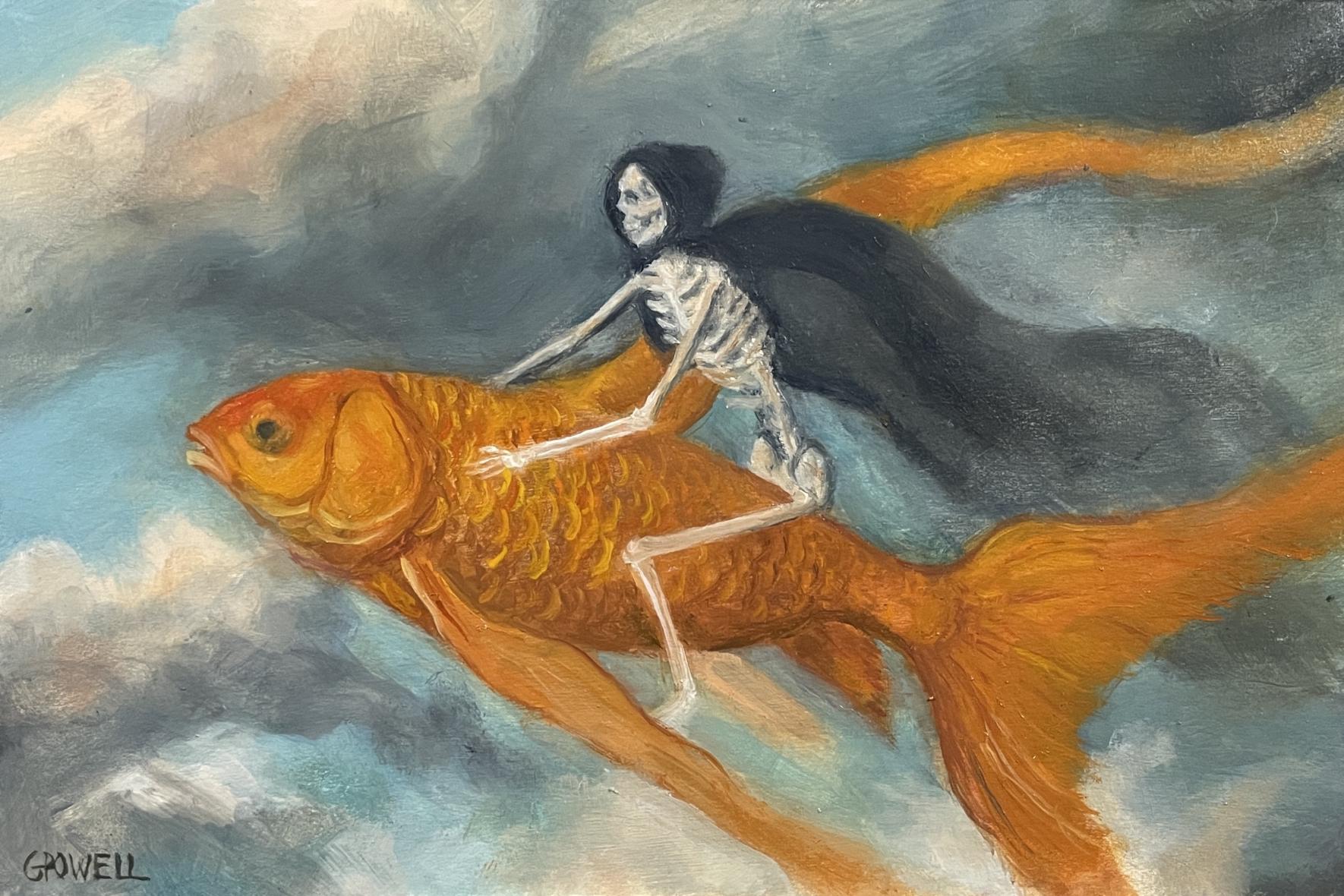 Oil painting of a grim reaper skeleton riding a goldfish through the dusky night sky. The sky is lit with dusky, neutral sunset hues.