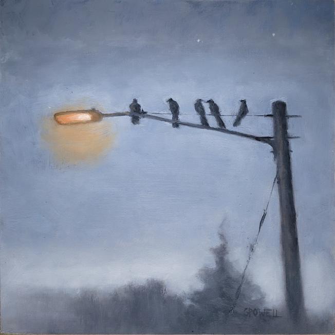 Oil painting of 5 crows sitting on a lamp post. The street light is on and the warm glow is visible through the fog. Color palette is neutral blue and the light is red-orange.