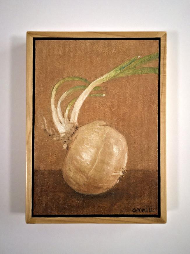 A small oil painting still life of an expressive sprouting onion. The sprout of the onion is growing in a curve. Colors are earthy and neutral - mainly burnt sienna.