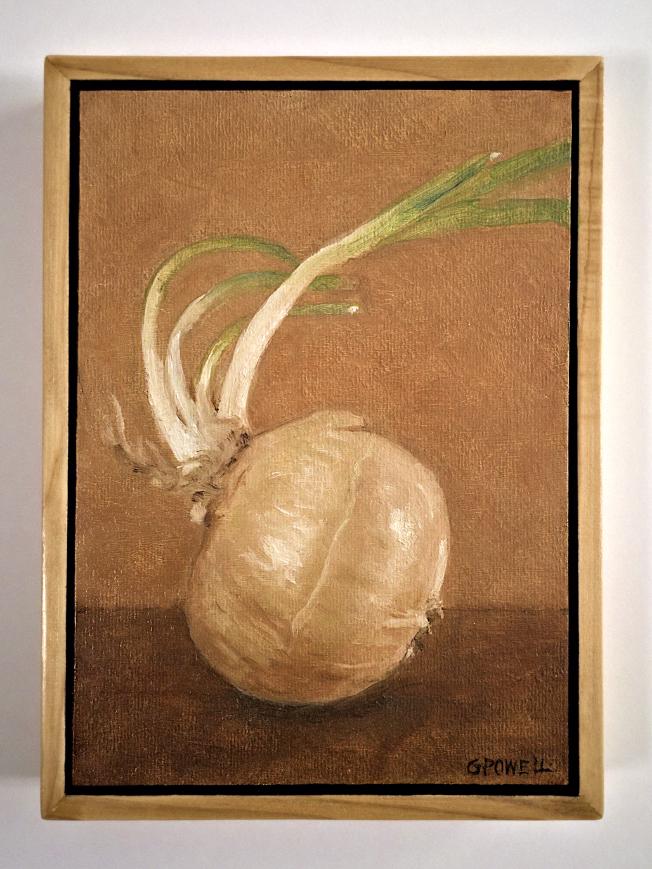 A small oil painting still life of an expressive sprouting onion. The sprout of the onion is growing in a curve. Colors are earthy and neutral - mainly burnt sienna.
