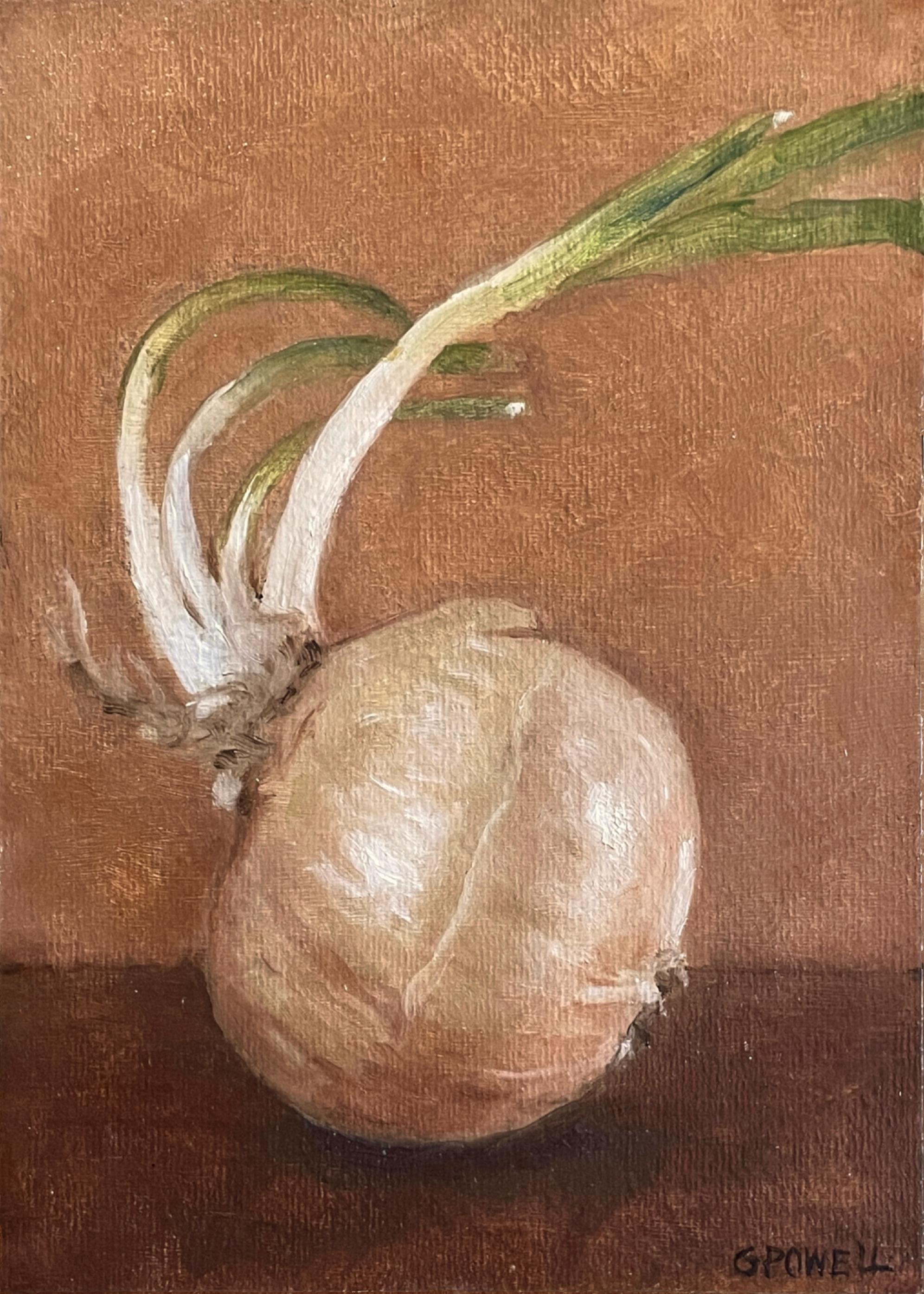 A small oil painting still life of an expressive sprouting onion. The sprout of the onion is growing in a curve. Colors are earthy and neutral - mainly burnt sienna.