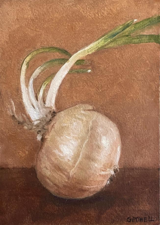A small oil painting still life of an expressive sprouting onion. The sprout of the onion is growing in a curve. Colors are earthy and neutral - mainly burnt sienna.