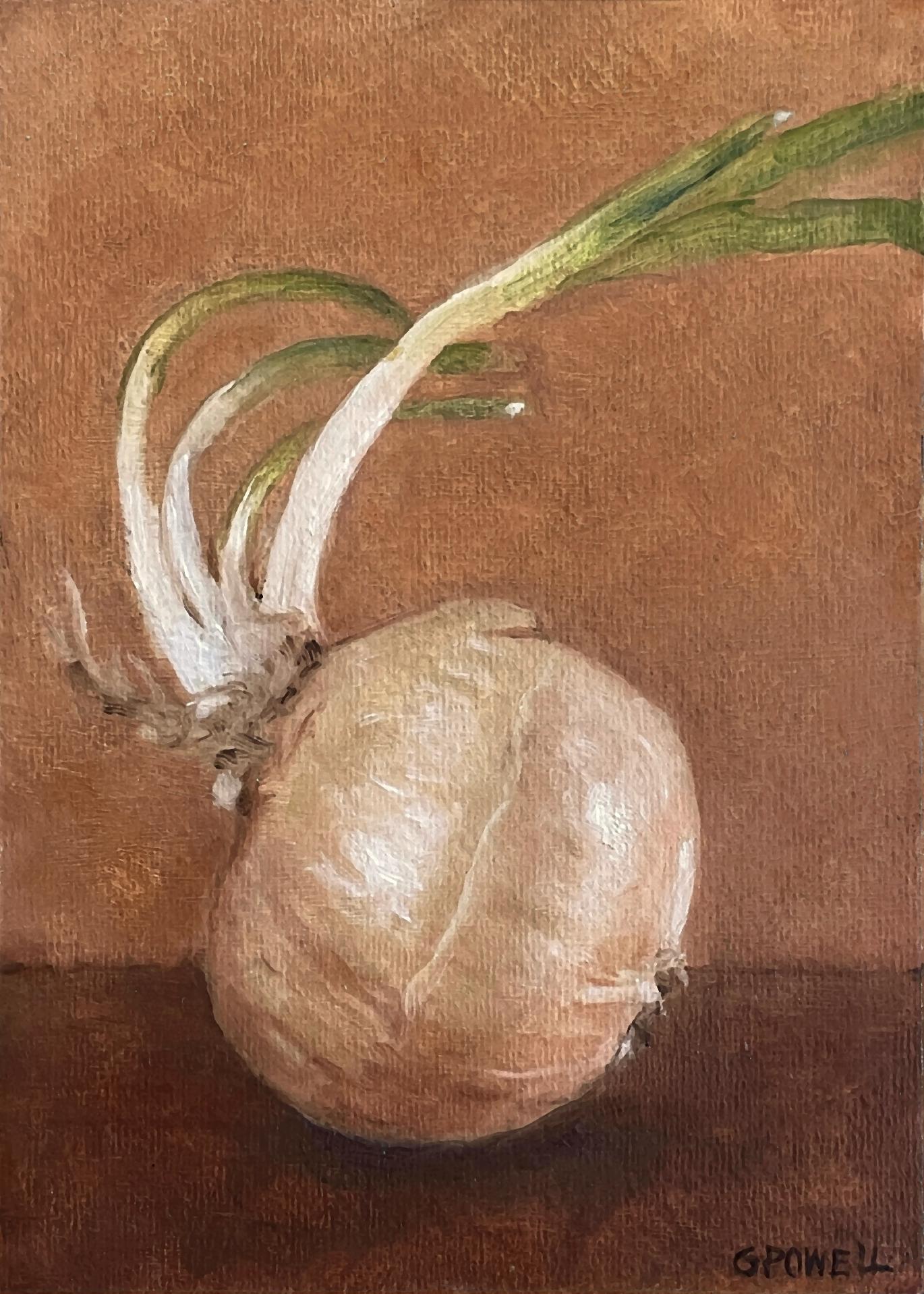A small oil painting still life of an expressive sprouting onion. The sprout of the onion is growing in a curve. Colors are earthy and neutral - mainly burnt sienna.
