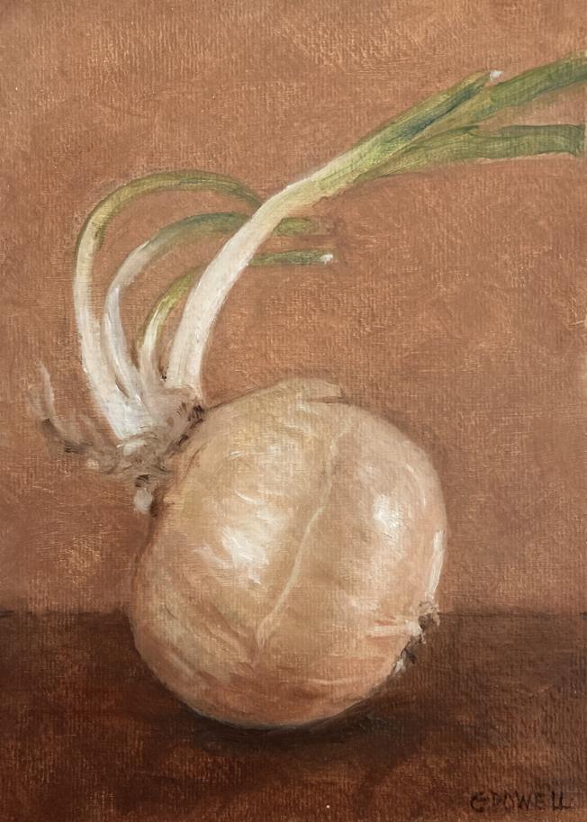 A small oil painting still life of an expressive sprouting onion. The sprout of the onion is growing in a curve. Colors are earthy and neutral - mainly burnt sienna.