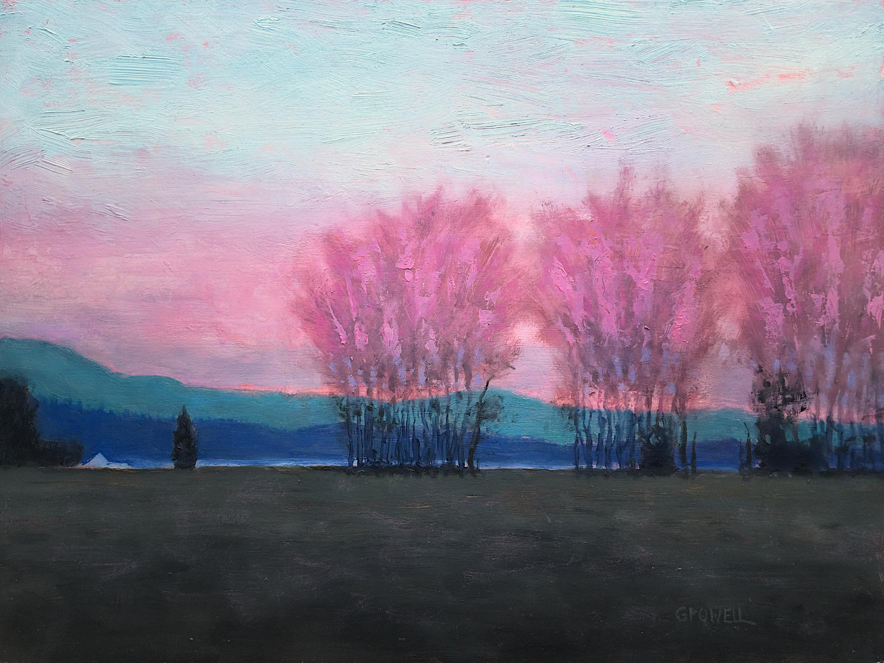 Poplars silhouetted against a vibrant pink sunset over Mary's Peak in the Willamette Valley.