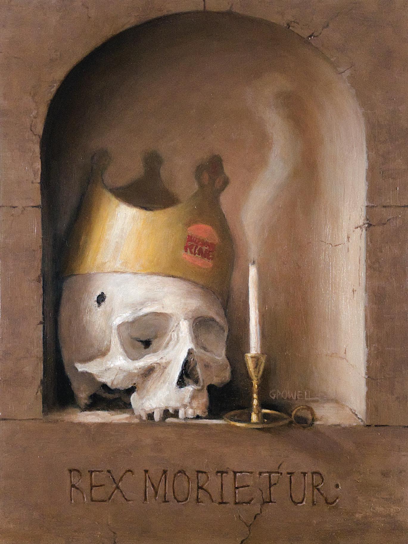 A medium-sized oil painting of a skull wearing a burger king crown. The color palette has fairly strong contrast, predominated by rich browns, beige, whites, and golds.