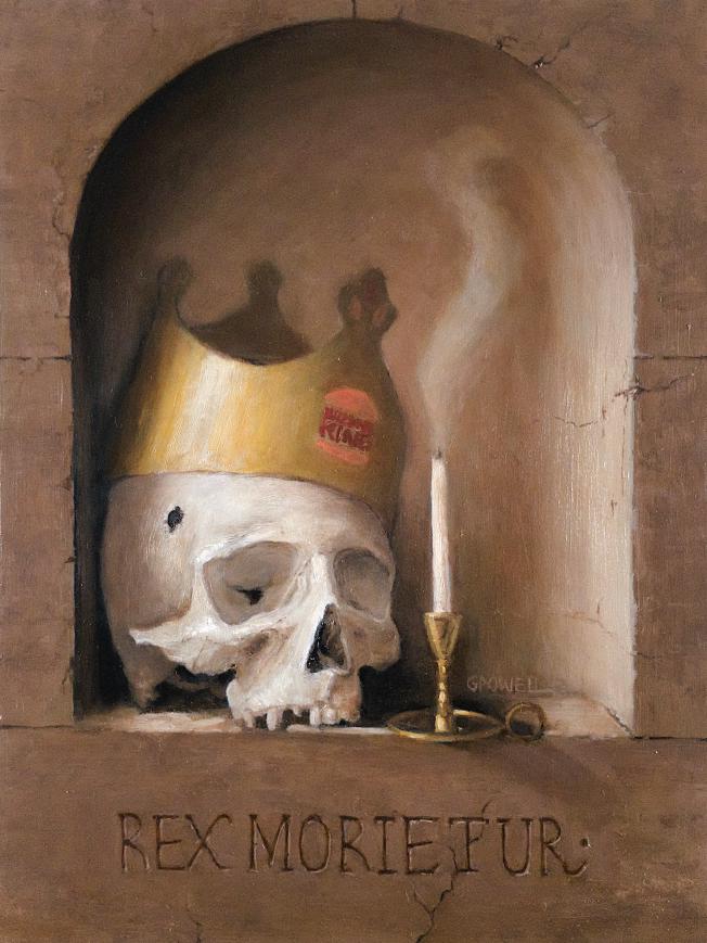 A medium-sized oil painting of a skull wearing a burger king crown. The color palette has fairly strong contrast, predominated by rich browns, beige, whites, and golds.
