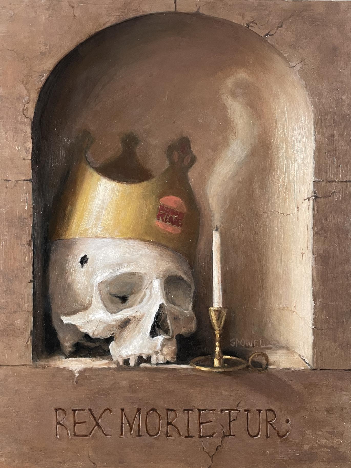A medium-sized oil painting of a skull wearing a burger king crown. The color palette has fairly strong contrast, predominated by rich browns, whites, and golds.