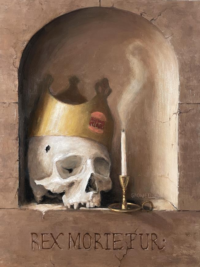 A medium-sized oil painting of a skull wearing a burger king crown. The color palette has fairly strong contrast, predominated by rich browns, whites, and golds.