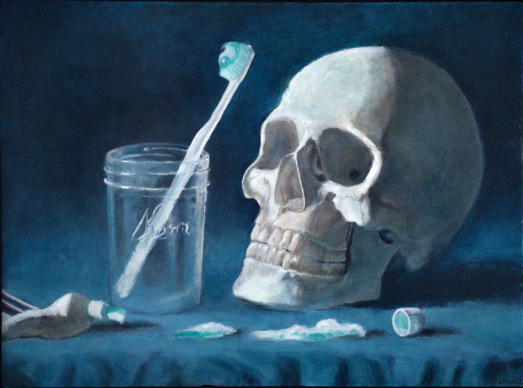 Still life of a skull and a toothbrush in a glass jar with dramatic, high contrast lighting. Painted in a classical renaissance style with somewhat loose brushwork.