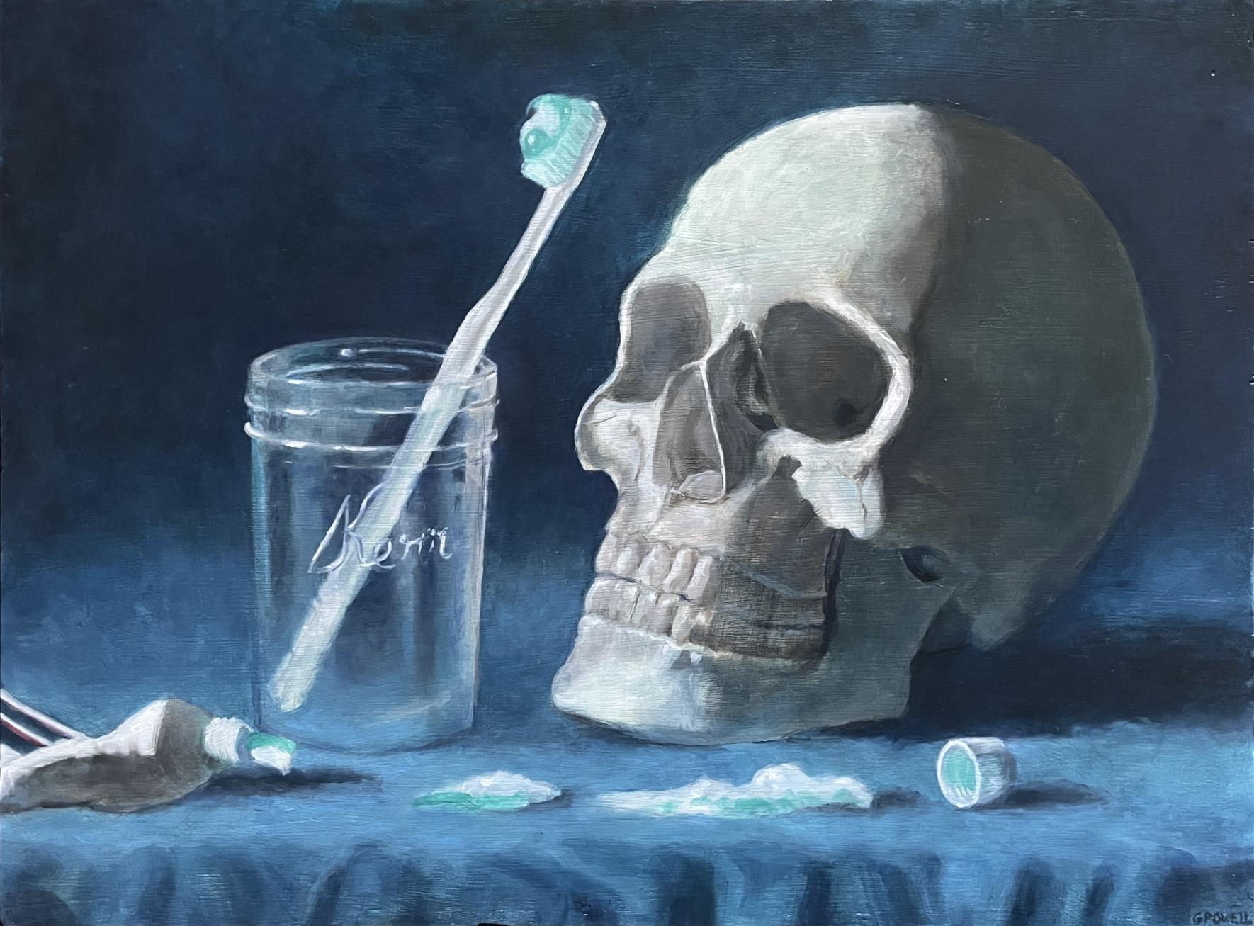 Still life of a skull and a toothbrush in a glass jar with dramatic, high contrast lighting. Painted in a classical renaissance style with somewhat loose brushwork.