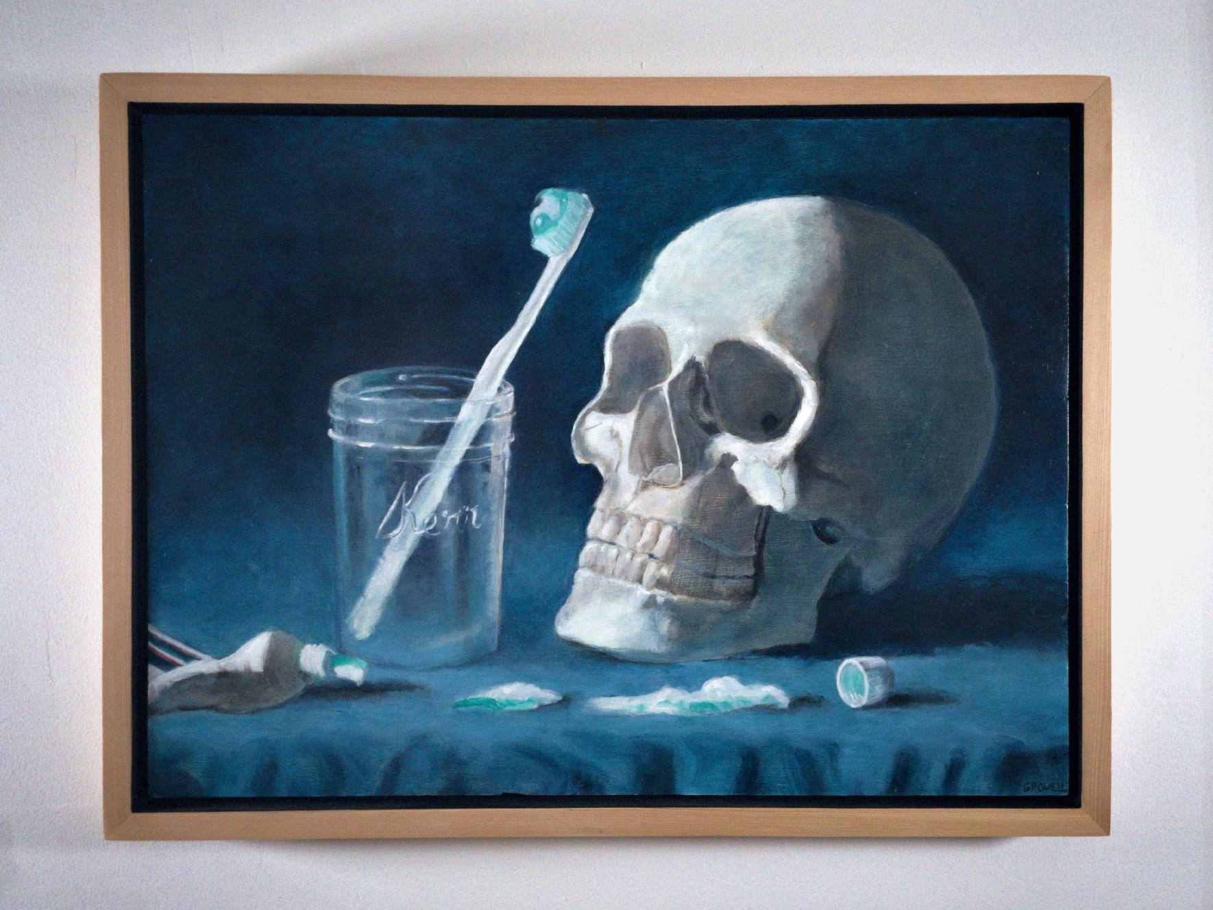 Still life of a skull and a toothbrush in a glass jar with dramatic, high contrast lighting. Painted in a classical renaissance style with somewhat loose brushwork.