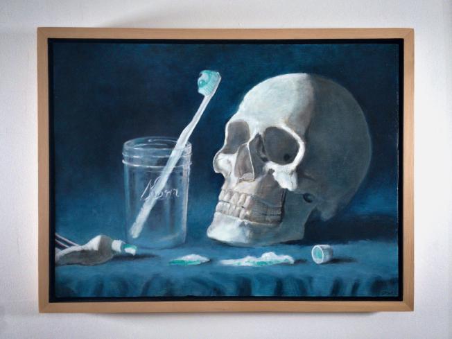Still life of a skull and a toothbrush in a glass jar with dramatic, high contrast lighting. Painted in a classical renaissance style with somewhat loose brushwork.