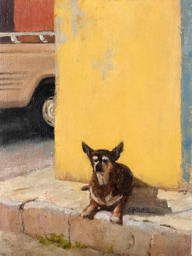 A small street dog lies on a curb against a yellow wall in Mexico. A pickup truck is passing by on the left.