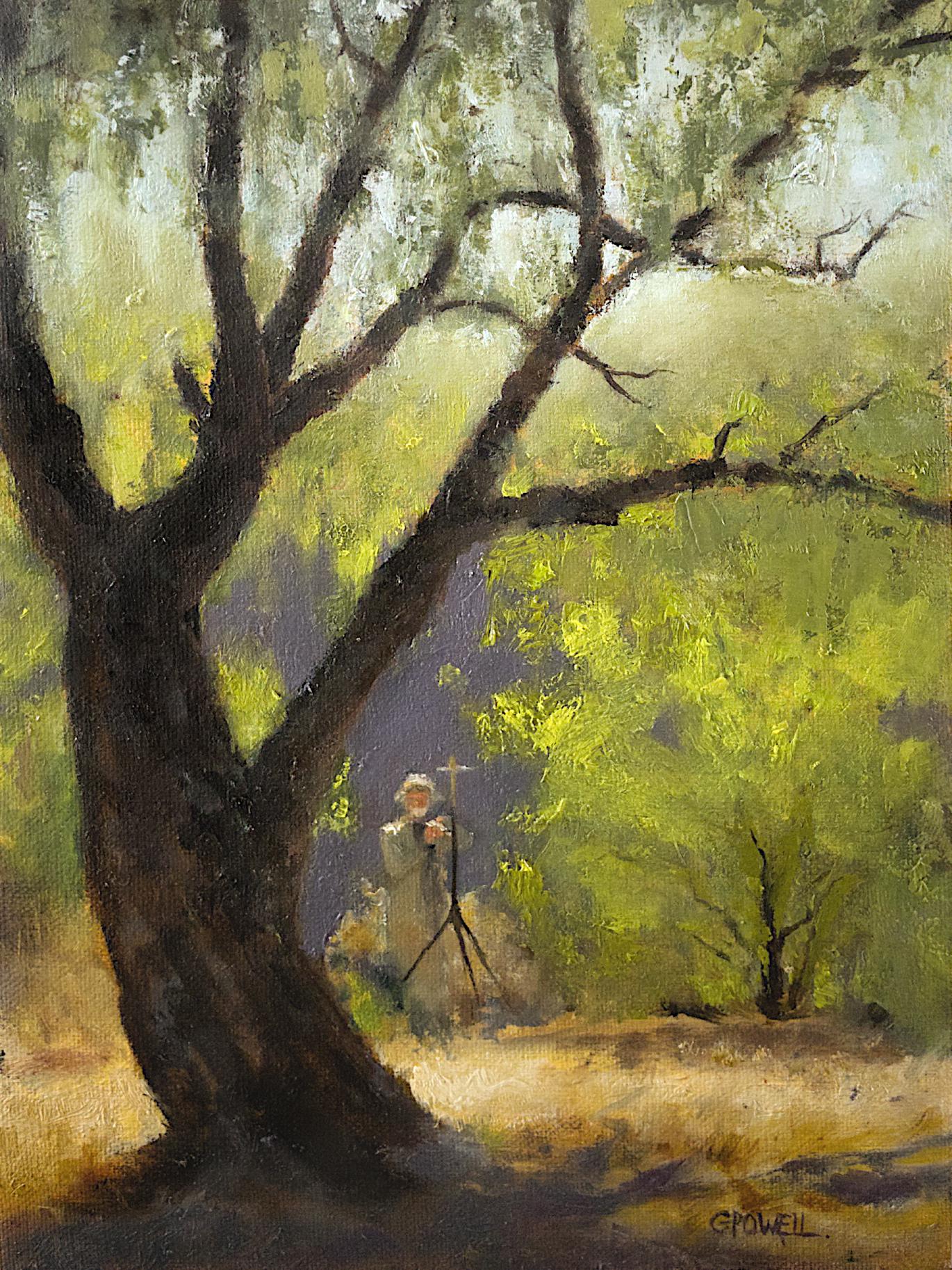 A figure of a man stands in the shrubs, framed by a backlit tree. The light is warm and penetrating the branches.