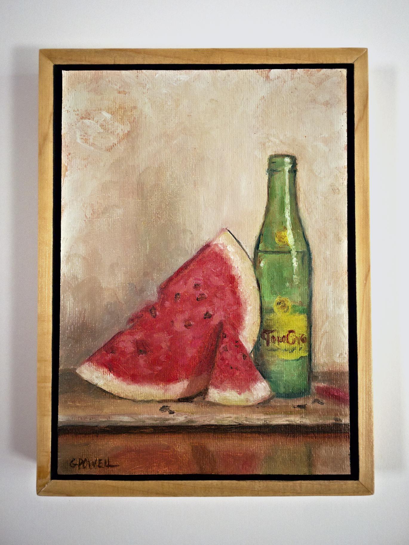 Small oil painting still life. A slice of watermelon leans against a full green bottle of Topo Chico sparkling water. Painted with fairly loose brushwork.