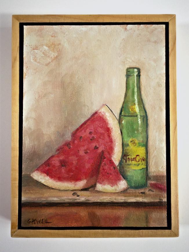 Small oil painting still life. A slice of watermelon leans against a full green bottle of Topo Chico sparkling water. Painted with fairly loose brushwork.
