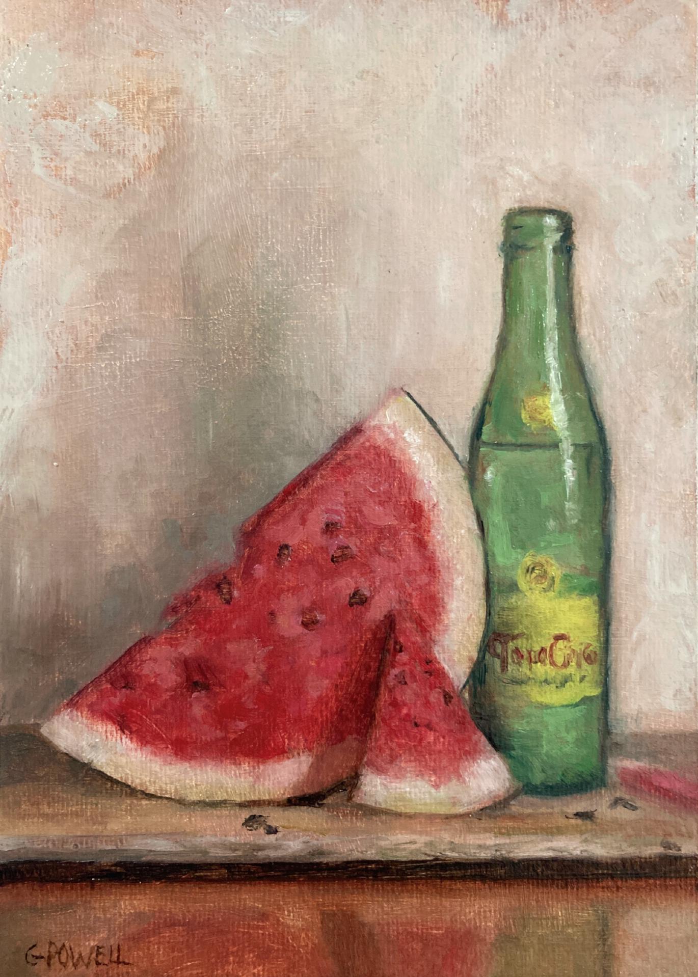 Small oil painting still life. A slice of watermelon leans against a full green bottle of Topo Chico sparkling water. Painted with fairly loose brushwork.