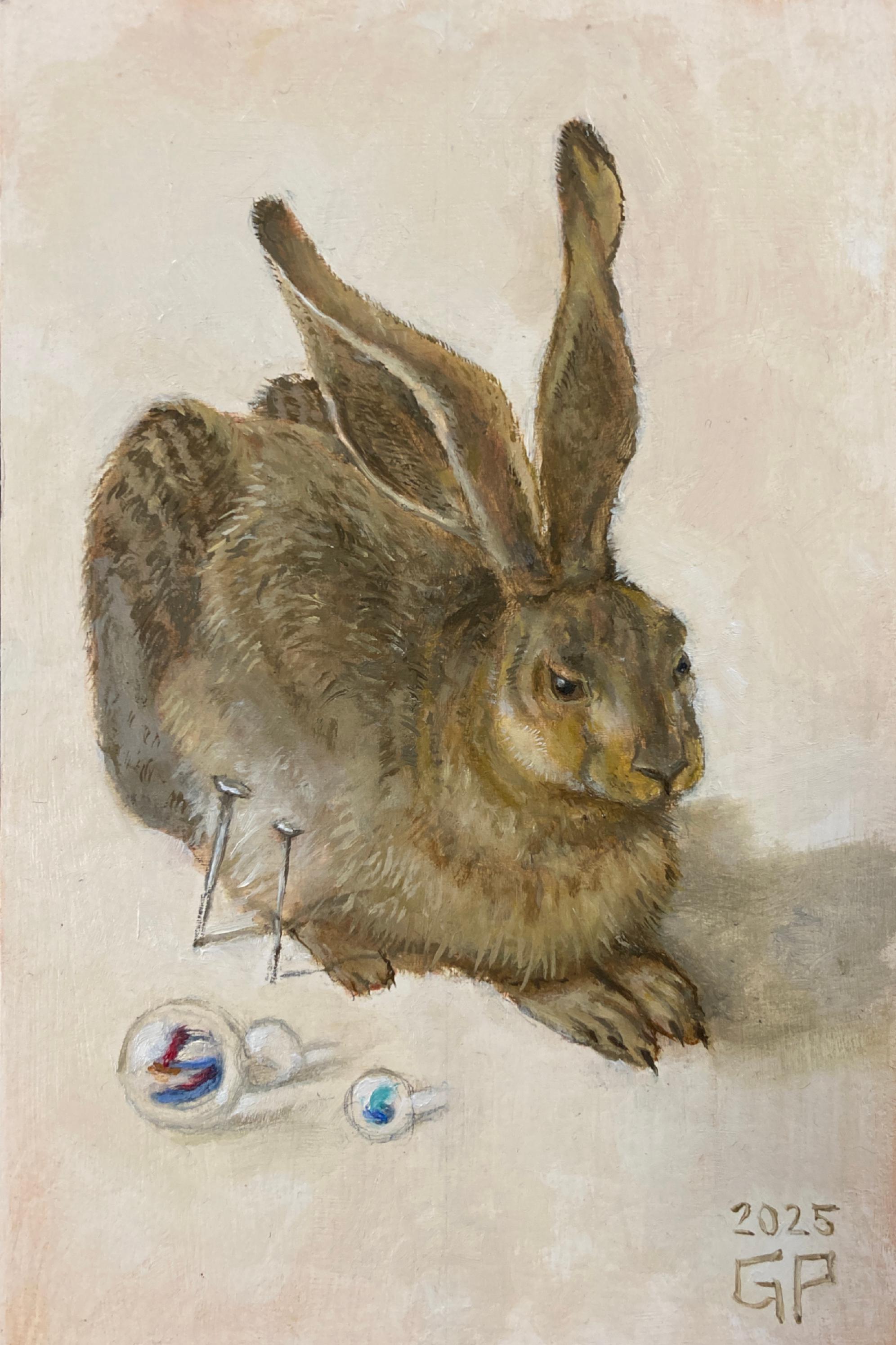 A small oil painting of a young hare sitting on its haunches next to a few marbles and some nails driven into the ground. The color palette consists of earthy browns and warm whites.